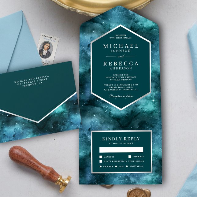 Invitation Tout En Un Espace extra-atmosphérique Turquoise Mariage de ga (Créateur téléchargé)