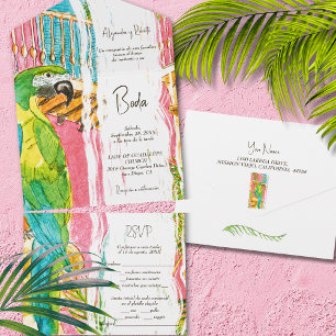 Invitation Tout En Un Espagnol, aquarelle Oiseau exotique Mariage luxuri