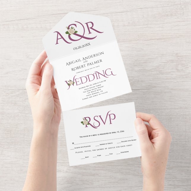 Invitation Tout En Un Esperluette violet Cassis avec mariage rose blanc (Déchirure)