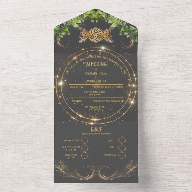 Invitation Tout En Un Étincelle Or Botanique Céleste Tout en un Mariage (À l'intérieur)