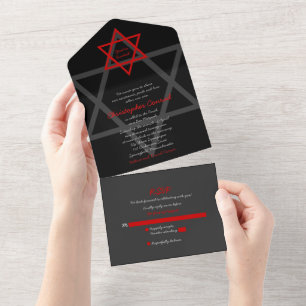 Invitation Tout En Un Étoile noire rouge de David Bar Mitzvah RSVP