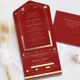 Invitation Tout En Un Étoiles mystiques en or rouge foncé