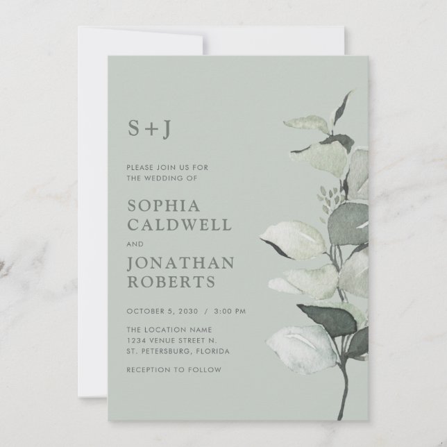 Invitation Tout en un Eucalyptus Botanique Mariage Sage (Devant)