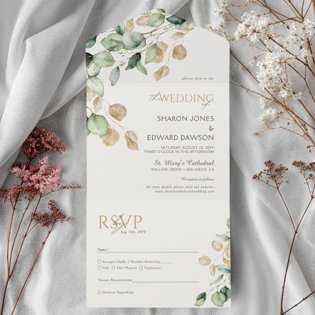 Invitation Tout En Un Eucalyptus Botanique Verdure & Mariage Gold Chic (Créateur téléchargé)