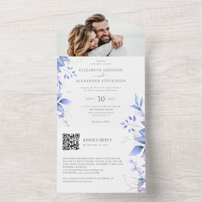 Invitation Tout En Un Eucalyptus feuille élégante photo code QR mariage (À l'intérieur)