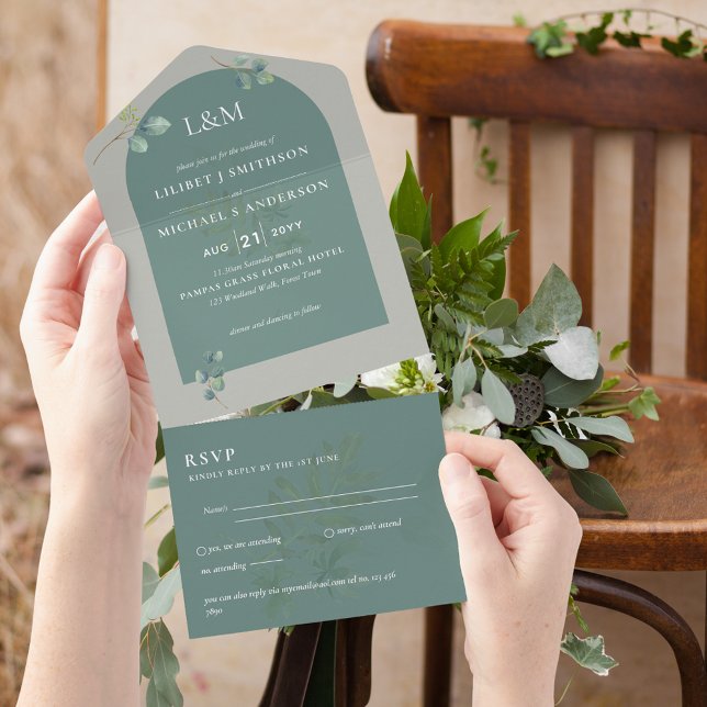 Invitation Tout En Un Eucalyptus Feuilles superposition Mariage Arche (Créateur téléchargé)