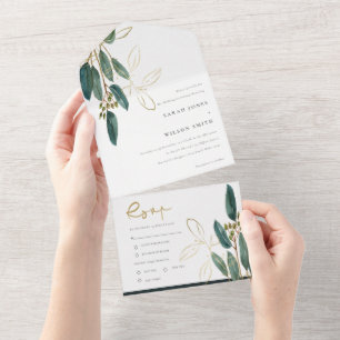 Invitation Tout En Un Eucalyptus Green Gold Foliage Mariage d'aquarelle
