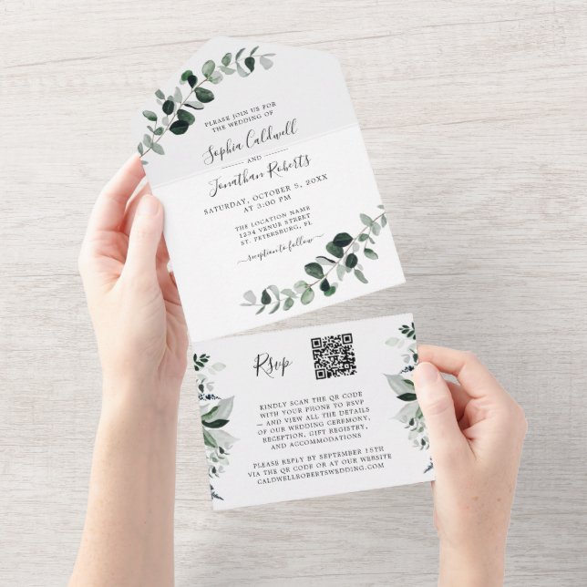 Invitation Tout En Un Eucalyptus Greenery QR Code RSVP Mariage blanc (Déchirure)