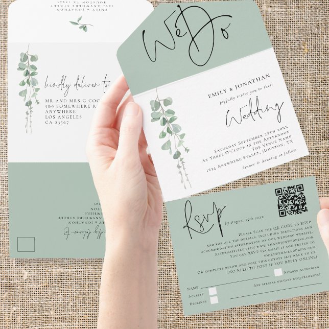 Invitation Tout En Un Eucalyptus moderne Nous faisons QR Code Mariage (Convenient all in one invitation and rsvp.)