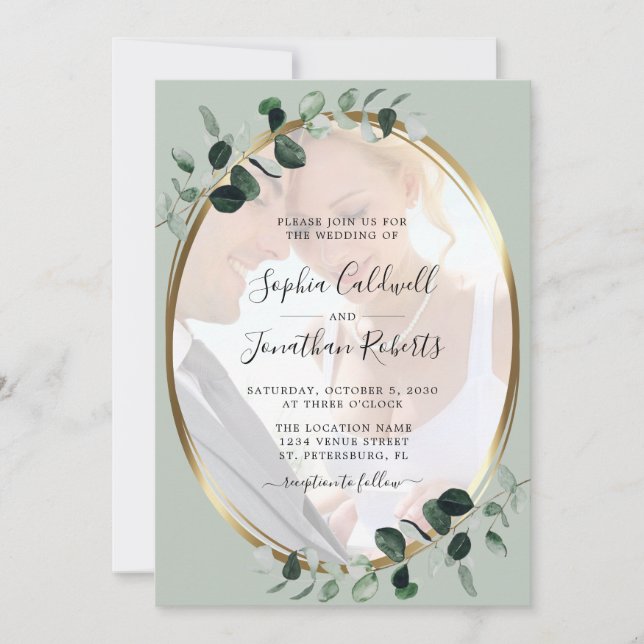 Invitation Tout en un Eucalyptus Photo Gold Sage Mariage Invi (Devant)