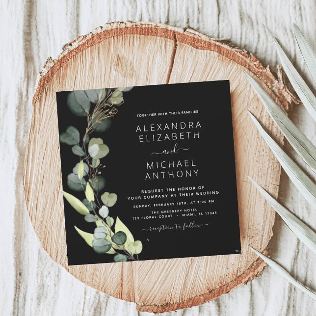 Invitation Tout en un Eucalyptus QR Code Mariage noir (Créateur téléchargé)