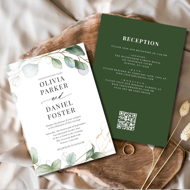 Invitation Tout en un Eucalyptus QR Code Mariage vert (Créateur téléchargé)