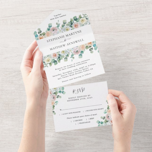 Invitation Tout En Un Eucalyptus Rose Mariage Floral (Déchirure)