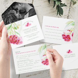 Invitation Tout En Un Eucalyptus rouge vert noix de gomme aquarelle mari