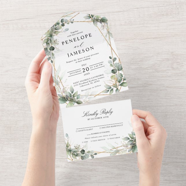 Invitation Tout En Un Eucalyptus Verdure Botanique Mariage géométrique (Déchirure)