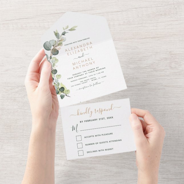 Invitation Tout En Un Eucalyptus Verdure Mariage Élégant Moderne Tout En (Déchirure)