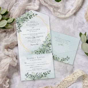 Invitation Tout En Un Eucalyptus Verdure Or tout en un mariage Inviter