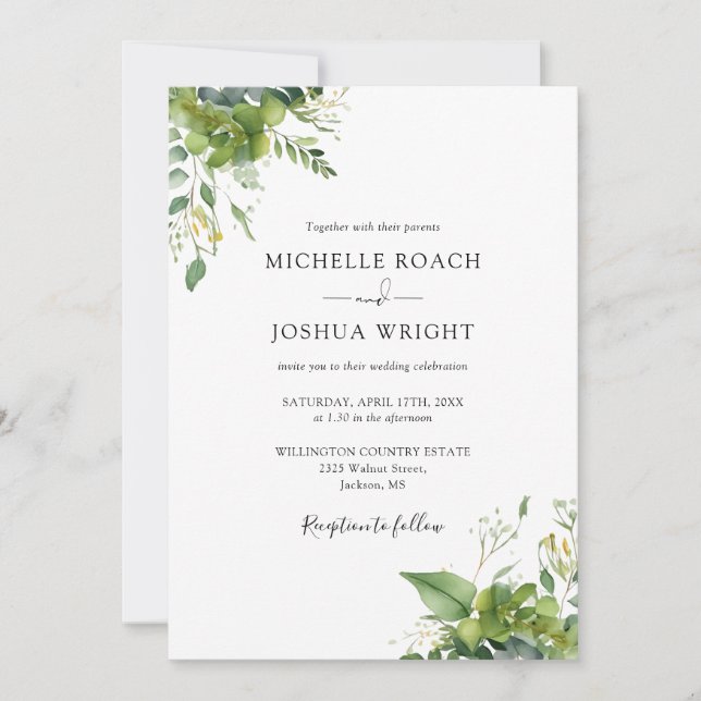Invitation Tout en un Eucalyptus Vert Élégant Mariage (Devant)