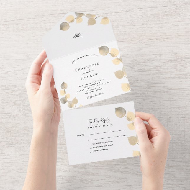 Invitation Tout En Un Eucalyptus vert mariage doré (Déchirure)