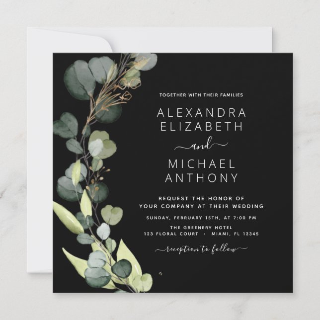 Invitation Tout en un Eucalyptus vert Mariage noir (Devant)