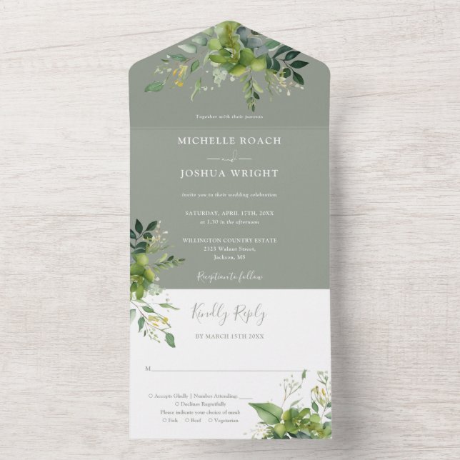 Invitation Tout En Un Eucalyptus Vert Sage Vert Monogramme Mariage (À l'intérieur)
