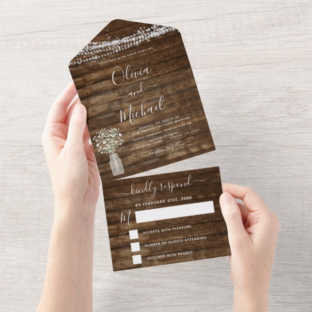 Invitation Tout En Un Farmhouse Bébé's Breath Rustic Wedding RSVP (Déchirure)