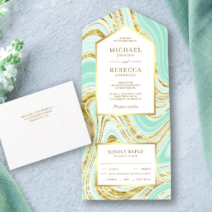 Invitation Tout En Un Faux papier doré pastel vert menthe mariage marbré