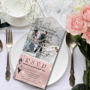 Invitation Tout En Un Faux Sparkle Shimmer rose argent QR Code Noël