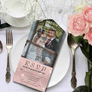 Invitation Tout En Un Faux Sparkle Shimmer rose Silver Photo QR Code