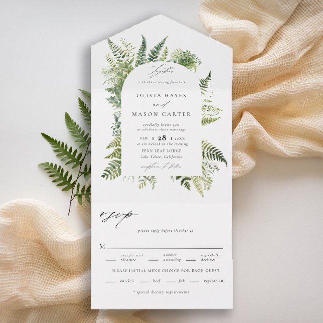 Invitation Tout En Un Fermes boisées Enchanted Boho Arch Mariage (enchanted forest wedding invitation botanical boho arch ferns outdoors mountains nature garden all)