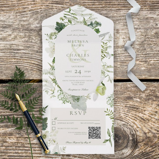 Invitation Tout En Un Fermes de lierre rustique et vert blanc QR Code (Also available without a QR code; with or without dinner selection options.)