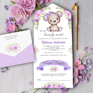 Invitation Tout En Un Fête bébé ours en peluche floral aquarelle violet