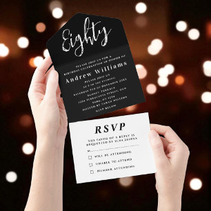 Invitation Tout En Un Fête d'anniversaire 80e Noir Blanc Simple Moderne