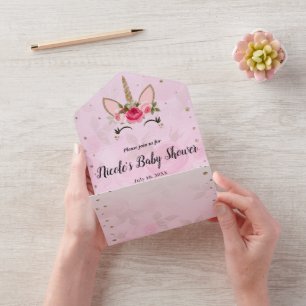 Invitation Tout En Un Fête de bébé tendance rose et or tout compris 