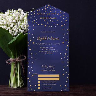 Invitation Tout En Un Fête de graduation Marine bleu or étoiles RSVP