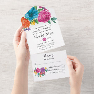 Invitation Tout En Un Fête de mariage florale aquarelle tout-en-un invit