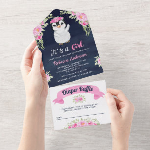 Invitation Tout En Un Fête de naissance bébé marin manchot floral aquare