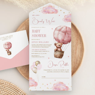Invitation Tout En Un Fête de naissance ourson montgolfière rose bohème
