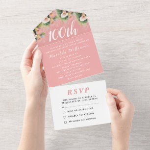 Invitation Tout En Un Fête des 100 ans Rose Élégant Floral
