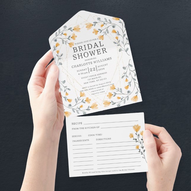 Invitation Tout En Un Fête des mariées Fleur sauvage Aquarelle avec rece (Watercolor Wildflowers Bridal Shower With Recipe All In One Invitation
)