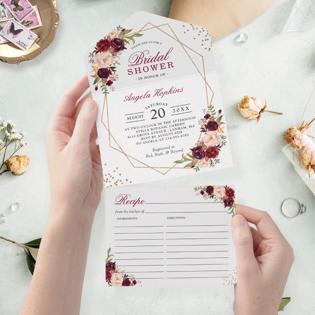Invitation Tout En Un Fête des mariées géométrique de Bourgogne Florale  (Créateur téléchargé)