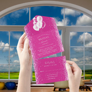 Invitation Tout En Un Fête des mariées rose blanc ballons confetti RSVP