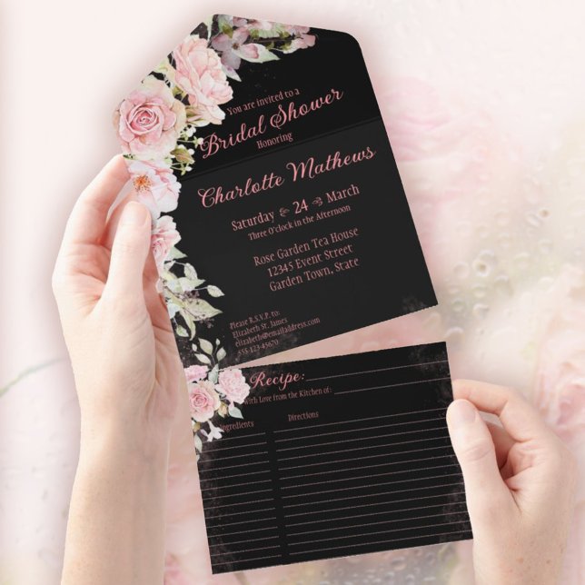 Invitation Tout En Un Fête des mariées Rose d'aquarelle rose (Pink Watercolor Roses design, Moody Black background, with easy-to-tear-off perforated Recipe Card.)