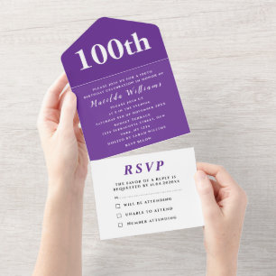 Invitation Tout En Un Fête du 100e anniversaire Violet Élégant Moderne