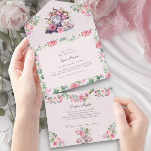 Invitation Tout En Un Fête du thé vintage Livres Cadeaux de couches et B