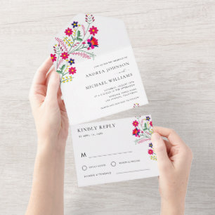 Invitation Tout En Un Fête Folklorique Fleurs Mexicaines Colorées RSVP M