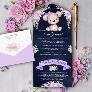 Invitation Tout En Un Fête Prénatale Ourson Fleurs Violettes et Bleu Mar