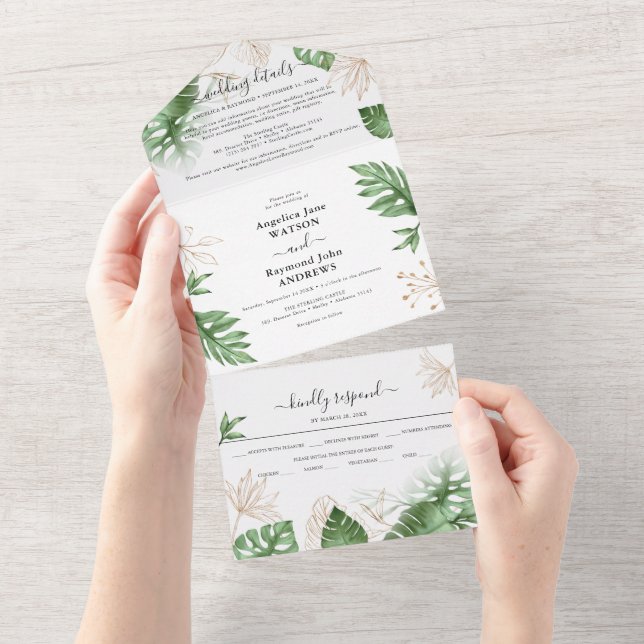 Invitation Tout En Un Feuillage tropical de plage et élégant mariage dor (Déchirure)
