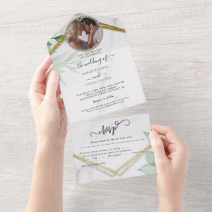 Invitation Tout En Un Feuillage Vert Paillettes Or Mariage