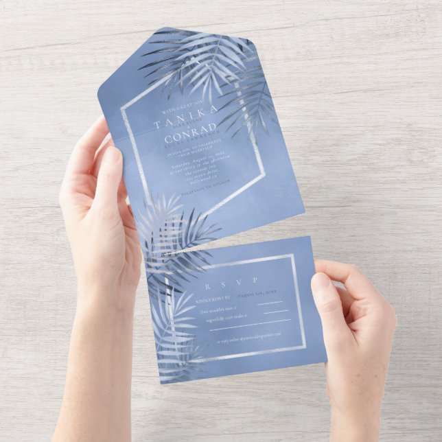 Invitation Tout En Un Feuille de palme luxuriante Mariage Windsor Blue I (Déchirure)